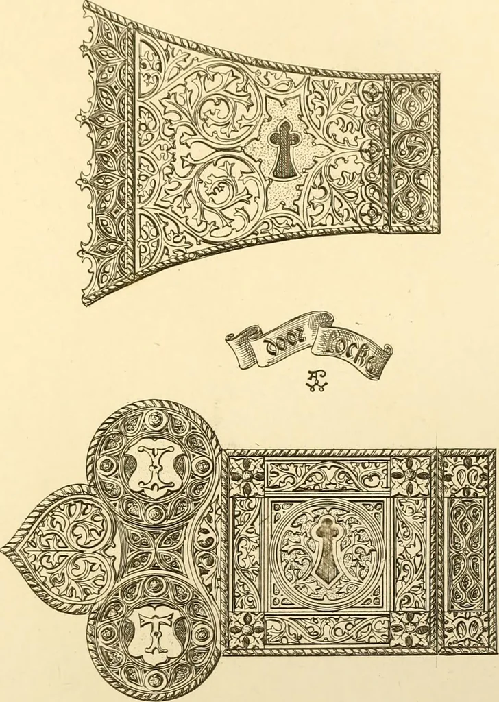 An illustration from Ornaments of the XVth and XVIth centuries. Ancient timber houses at Rouen, Caen, Bauvais, &c., Gothic furniture of the XVth century. Designs for gold & silver ornaments, and designs for iron & brass-work in the style of the XVth & XVIth centuries, 1836, leaf 188