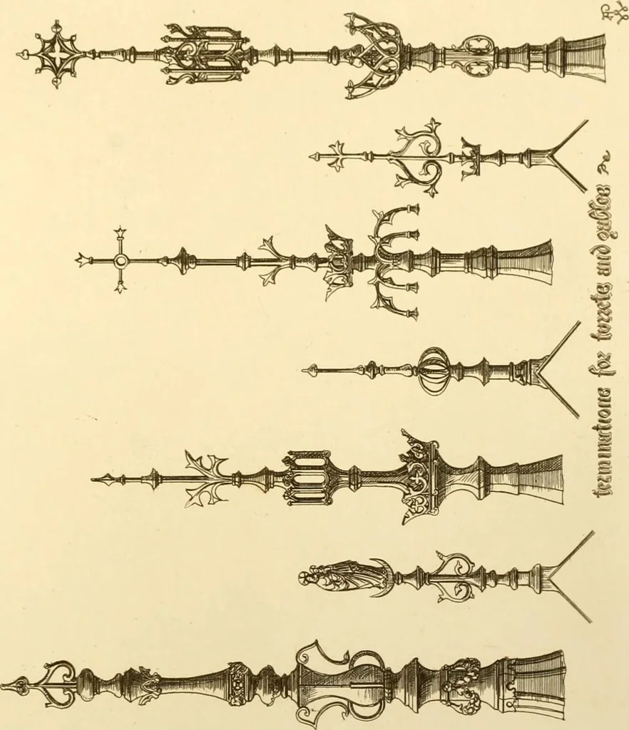 An illustration from Ornaments of the XVth and XVIth centuries. Ancient timber houses at Rouen, Caen, Bauvais, &c., Gothic furniture of the XVth century. Designs for gold & silver ornaments, and designs for iron & brass-work in the style of the XVth & XVIth centuries, 1836, leaf 190