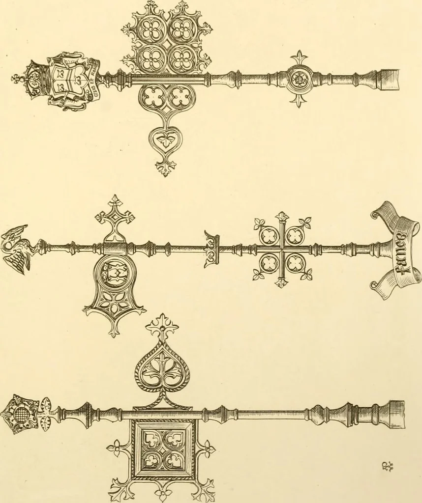 An illustration from Ornaments of the XVth and XVIth centuries. Ancient timber houses at Rouen, Caen, Bauvais, &c., Gothic furniture of the XVth century. Designs for gold & silver ornaments, and designs for iron & brass-work in the style of the XVth & XVIth centuries, 1836, leaf 192