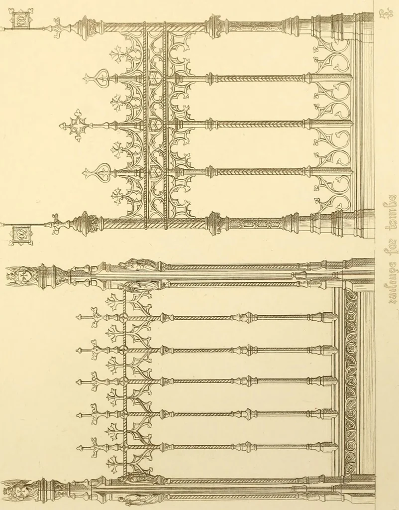An illustration from Ornaments of the XVth and XVIth centuries. Ancient timber houses at Rouen, Caen, Bauvais, &c., Gothic furniture of the XVth century. Designs for gold & silver ornaments, and designs for iron & brass-work in the style of the XVth & XVIth centuries, 1836, leaf 194