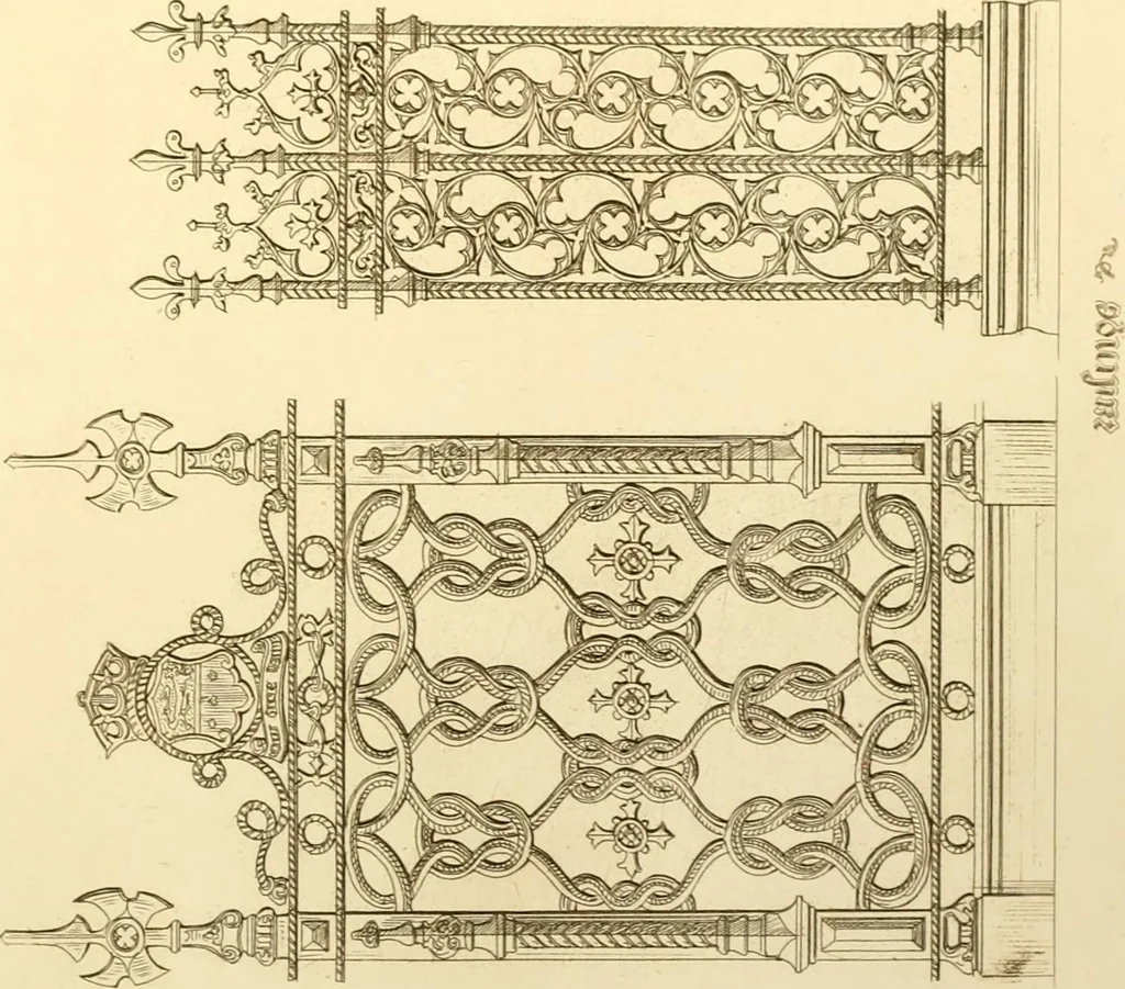 An illustration from Ornaments of the XVth and XVIth centuries. Ancient timber houses at Rouen, Caen, Bauvais, &c., Gothic furniture of the XVth century. Designs for gold & silver ornaments, and designs for iron & brass-work in the style of the XVth & XVIth centuries, 1836, leaf 196