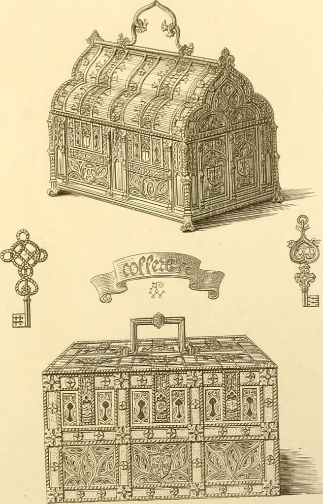 An illustration from Ornaments of the XVth and XVIth centuries. Ancient timber houses at Rouen, Caen, Bauvais, &c., Gothic furniture of the XVth century. Designs for gold & silver ornaments, and designs for iron & brass-work in the style of the XVth & XVIth centuries, 1836, leaf 198