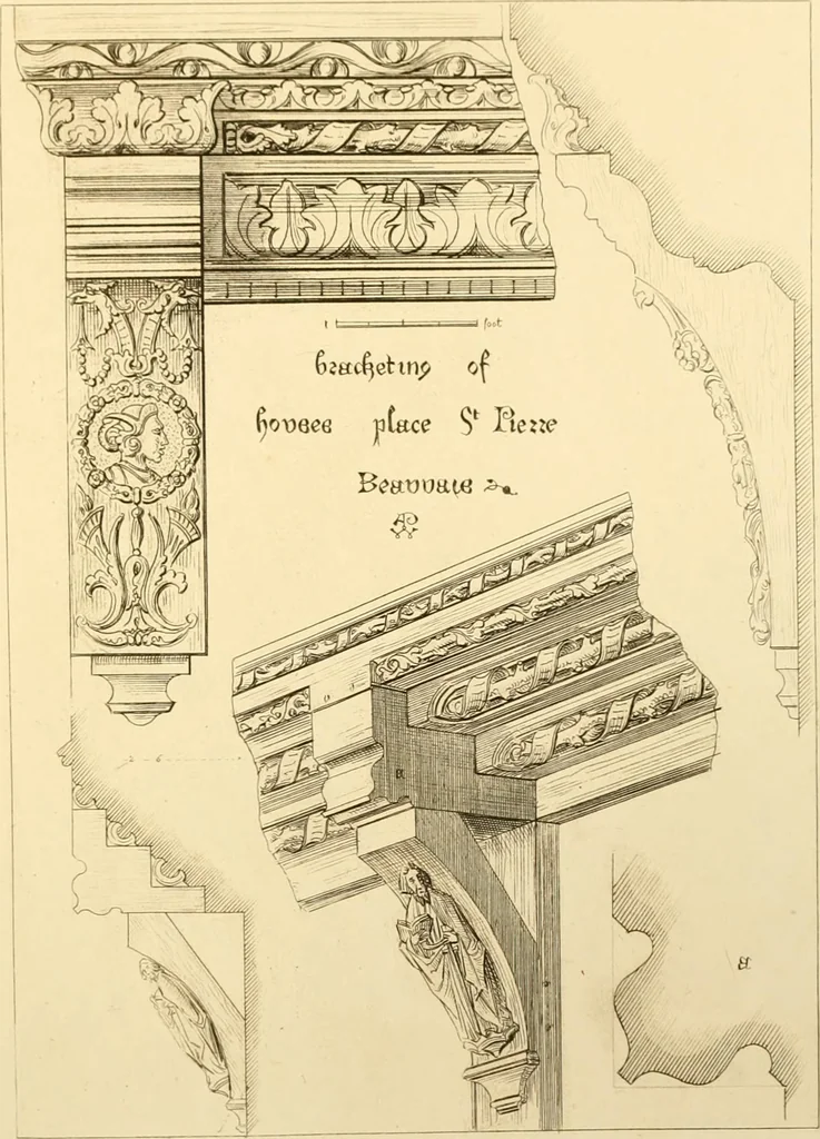 An illustration from Ornaments of the XVth and XVIth centuries. Ancient timber houses at Rouen, Caen, Bauvais, &c., Gothic furniture of the XVth century. Designs for gold & silver ornaments, and designs for iron & brass-work in the style of the XVth & XVIth centuries, 1836, leaf 20