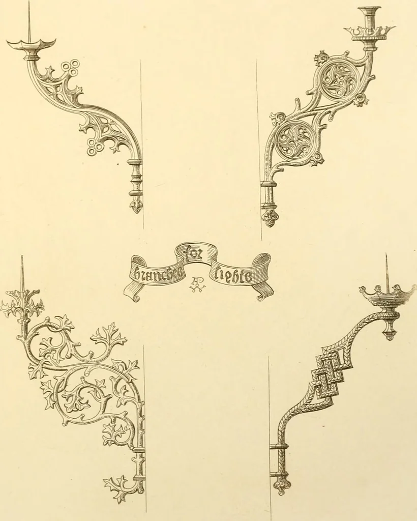 An illustration from Ornaments of the XVth and XVIth centuries. Ancient timber houses at Rouen, Caen, Bauvais, &c., Gothic furniture of the XVth century. Designs for gold & silver ornaments, and designs for iron & brass-work in the style of the XVth & XVIth centuries, 1836, leaf 206
