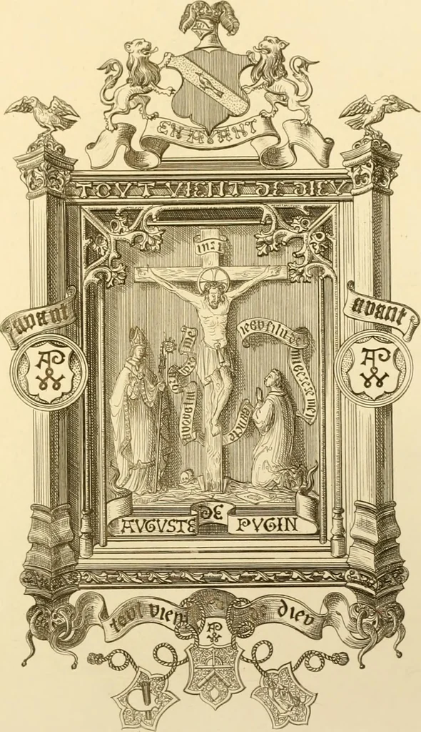 An illustration from Ornaments of the XVth and XVIth centuries. Ancient timber houses at Rouen, Caen, Bauvais, &c., Gothic furniture of the XVth century. Designs for gold & silver ornaments, and designs for iron & brass-work in the style of the XVth & XVIth centuries, 1836, leaf 208