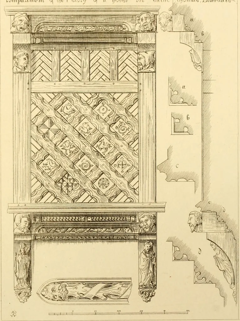 An illustration from Ornaments of the XVth and XVIth centuries. Ancient timber houses at Rouen, Caen, Bauvais, &c., Gothic furniture of the XVth century. Designs for gold & silver ornaments, and designs for iron & brass-work in the style of the XVth & XVIth centuries, 1836, leaf 22
