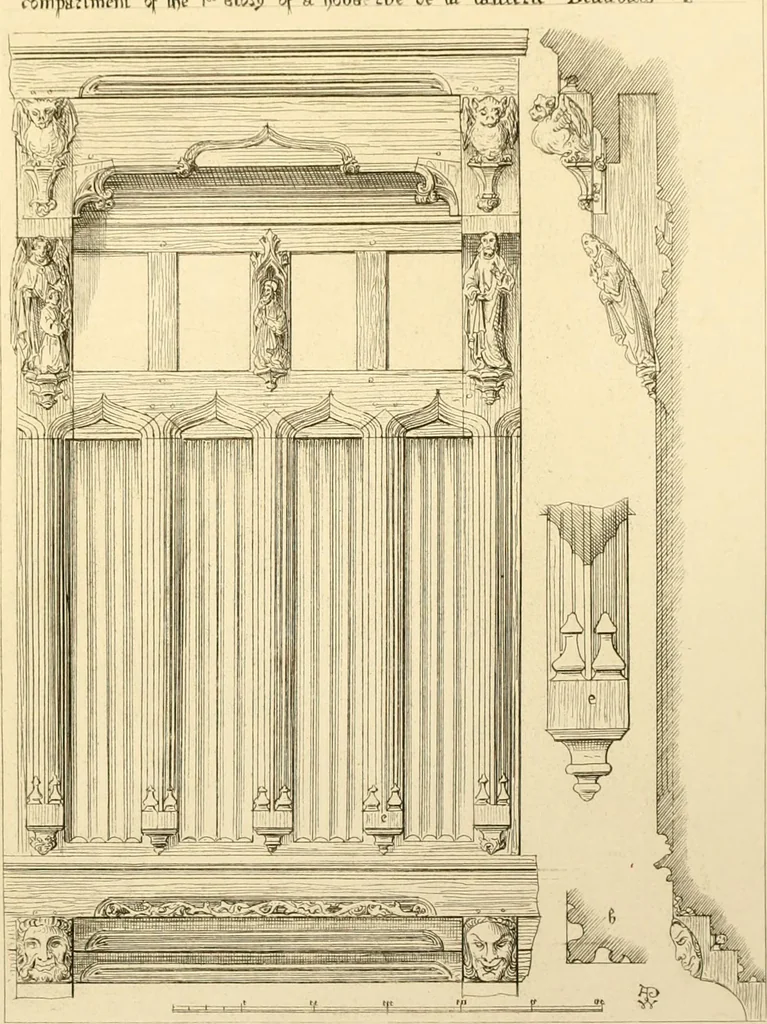 An illustration from Ornaments of the XVth and XVIth centuries. Ancient timber houses at Rouen, Caen, Bauvais, &c., Gothic furniture of the XVth century. Designs for gold & silver ornaments, and designs for iron & brass-work in the style of the XVth & XVIth centuries, 1836, leaf 24