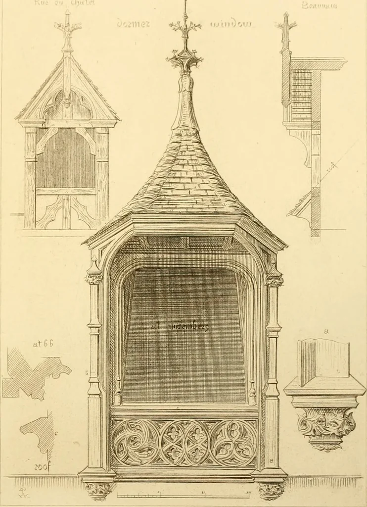 An illustration from Ornaments of the XVth and XVIth centuries. Ancient timber houses at Rouen, Caen, Bauvais, &c., Gothic furniture of the XVth century. Designs for gold & silver ornaments, and designs for iron & brass-work in the style of the XVth & XVIth centuries, 1836, leaf 26