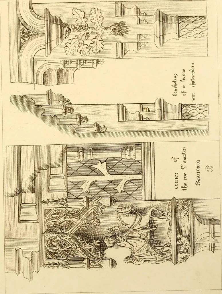 An illustration from Ornaments of the XVth and XVIth centuries. Ancient timber houses at Rouen, Caen, Bauvais, &c., Gothic furniture of the XVth century. Designs for gold & silver ornaments, and designs for iron & brass-work in the style of the XVth & XVIth centuries, 1836, leaf 28