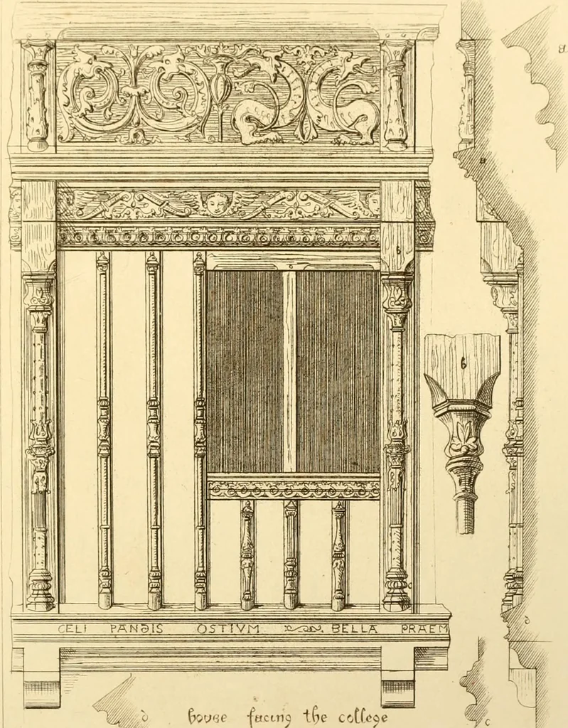An illustration from Ornaments of the XVth and XVIth centuries. Ancient timber houses at Rouen, Caen, Bauvais, &c., Gothic furniture of the XVth century. Designs for gold & silver ornaments, and designs for iron & brass-work in the style of the XVth & XVIth centuries, 1836, leaf 32