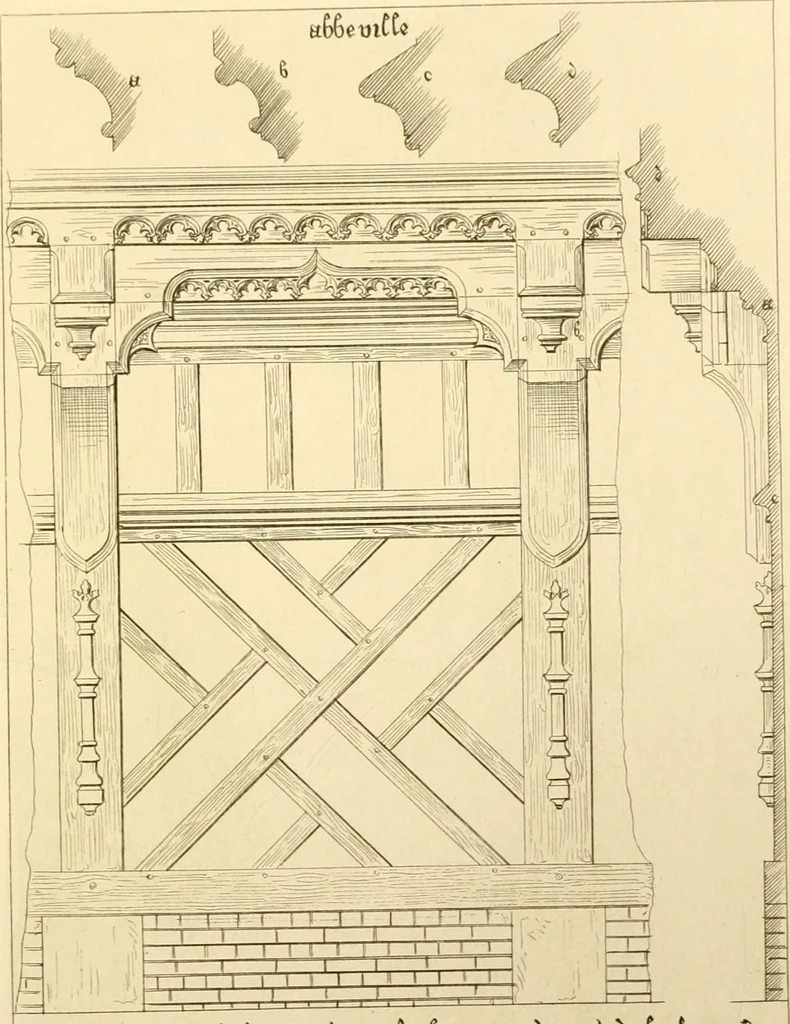 An illustration from Ornaments of the XVth and XVIth centuries. Ancient timber houses at Rouen, Caen, Bauvais, &c., Gothic furniture of the XVth century. Designs for gold & silver ornaments, and designs for iron & brass-work in the style of the XVth & XVIth centuries, 1836, leaf 34