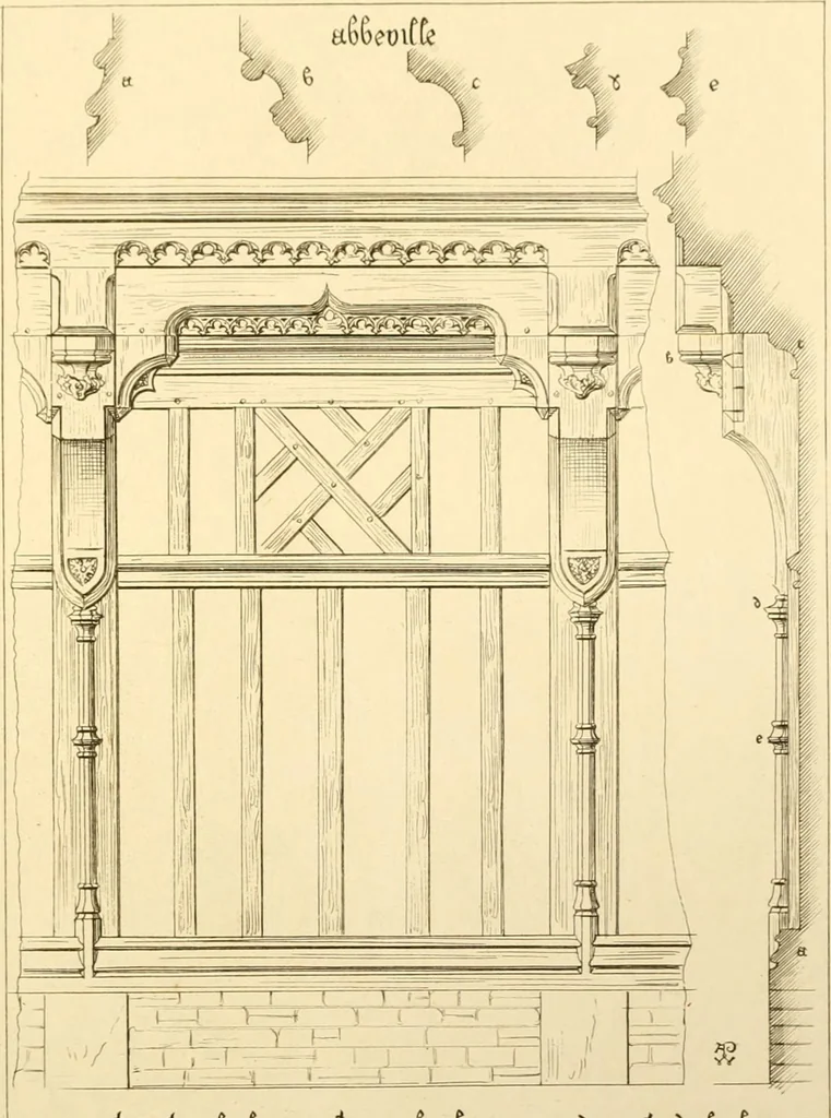 An illustration from Ornaments of the XVth and XVIth centuries. Ancient timber houses at Rouen, Caen, Bauvais, &c., Gothic furniture of the XVth century. Designs for gold & silver ornaments, and designs for iron & brass-work in the style of the XVth & XVIth centuries, 1836, leaf 36