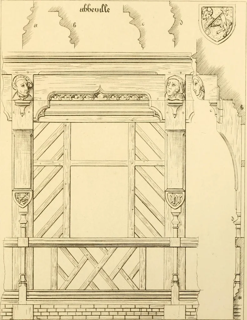 An illustration from Ornaments of the XVth and XVIth centuries. Ancient timber houses at Rouen, Caen, Bauvais, &c., Gothic furniture of the XVth century. Designs for gold & silver ornaments, and designs for iron & brass-work in the style of the XVth & XVIth centuries, 1836, leaf 38