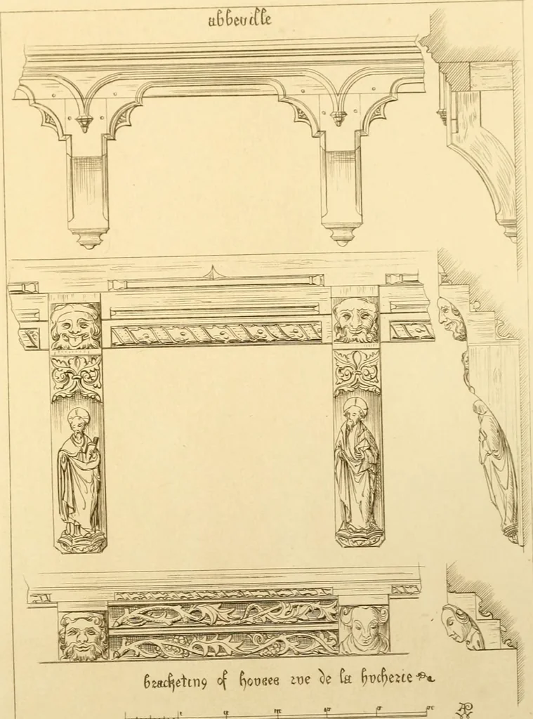An illustration from Ornaments of the XVth and XVIth centuries. Ancient timber houses at Rouen, Caen, Bauvais, &c., Gothic furniture of the XVth century. Designs for gold & silver ornaments, and designs for iron & brass-work in the style of the XVth & XVIth centuries, 1836, leaf 40