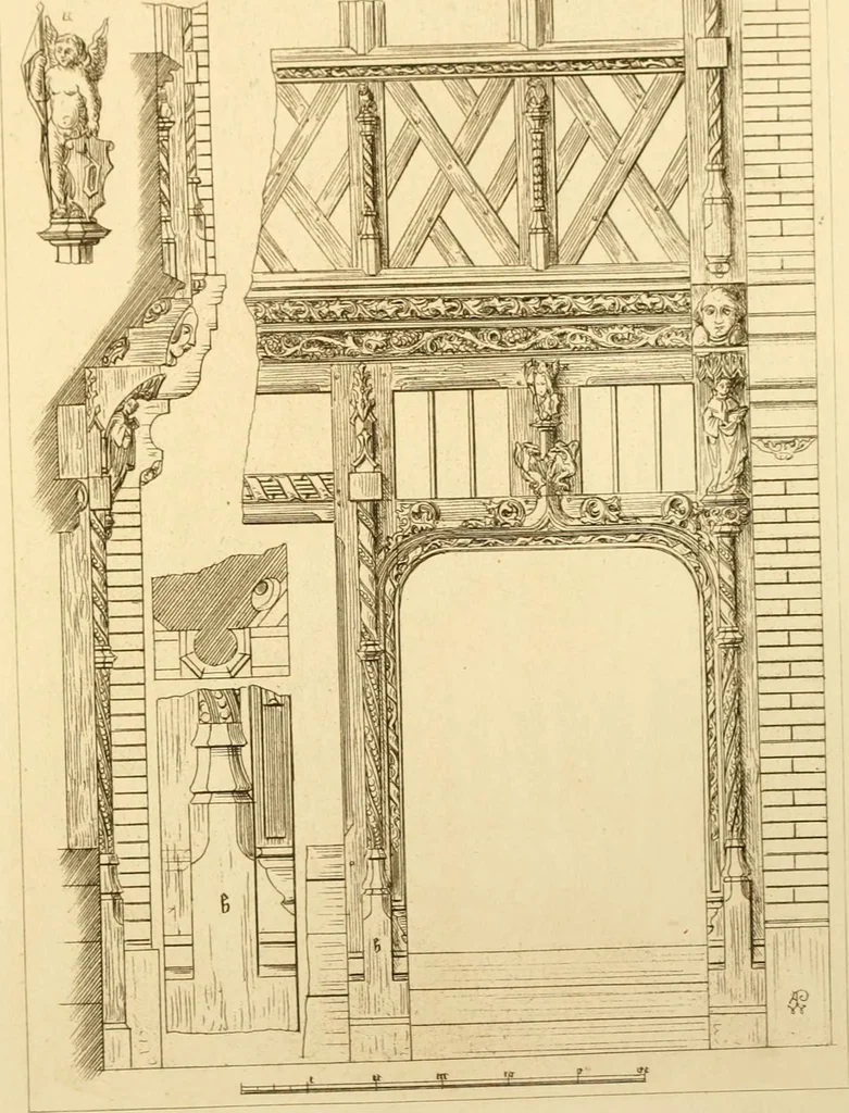An illustration from Ornaments of the XVth and XVIth centuries. Ancient timber houses at Rouen, Caen, Bauvais, &c., Gothic furniture of the XVth century. Designs for gold & silver ornaments, and designs for iron & brass-work in the style of the XVth & XVIth centuries, 1836, leaf 42