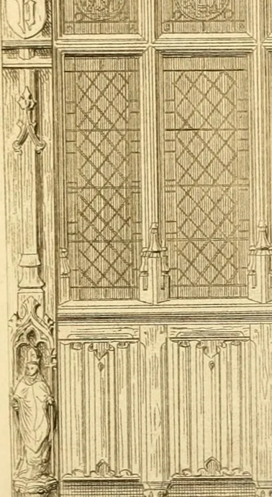 An illustration from Ornaments of the XVth and XVIth centuries. Ancient timber houses at Rouen, Caen, Bauvais, &c., Gothic furniture of the XVth century. Designs for gold & silver ornaments, and designs for iron & brass-work in the style of the XVth & XVIth centuries, 1836, leaf 44