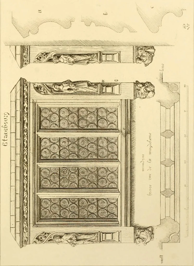 An illustration from Ornaments of the XVth and XVIth centuries. Ancient timber houses at Rouen, Caen, Bauvais, &c., Gothic furniture of the XVth century. Designs for gold & silver ornaments, and designs for iron & brass-work in the style of the XVth & XVIth centuries, 1836, leaf 46
