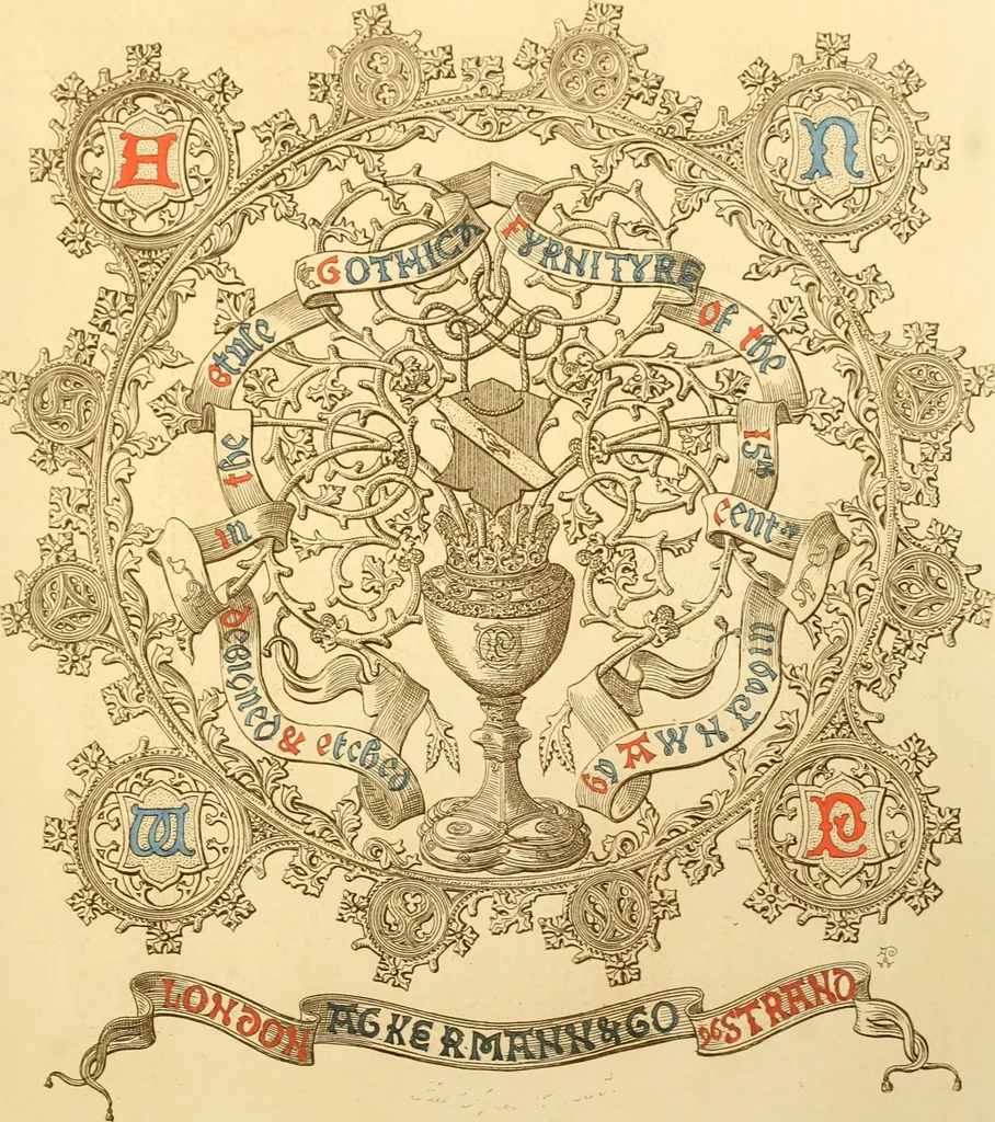 An illustration from Ornaments of the XVth and XVIth centuries. Ancient timber houses at Rouen, Caen, Bauvais, &c., Gothic furniture of the XVth century. Designs for gold & silver ornaments, and designs for iron & brass-work in the style of the XVth & XVIth centuries, 1836, leaf 50