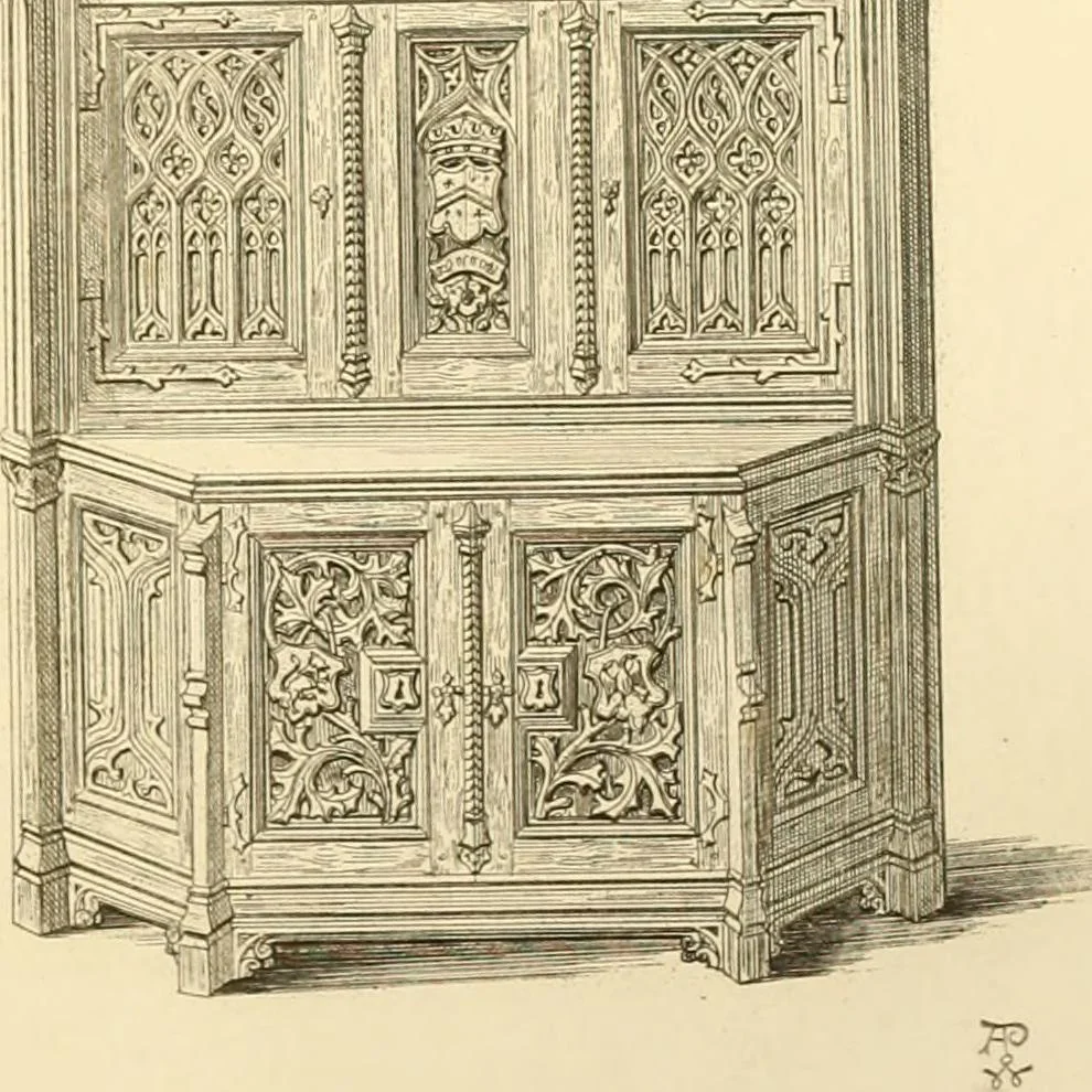 An illustration from Ornaments of the XVth and XVIth centuries. Ancient timber houses at Rouen, Caen, Bauvais, &c., Gothic furniture of the XVth century. Designs for gold & silver ornaments, and designs for iron & brass-work in the style of the XVth & XVIth centuries, 1836, leaf 54