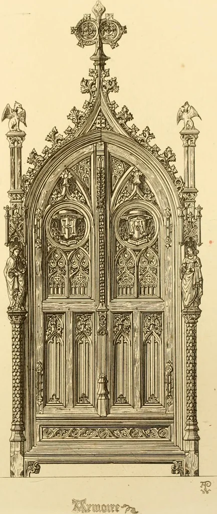 An illustration from Ornaments of the XVth and XVIth centuries. Ancient timber houses at Rouen, Caen, Bauvais, &c., Gothic furniture of the XVth century. Designs for gold & silver ornaments, and designs for iron & brass-work in the style of the XVth & XVIth centuries, 1836, leaf 56