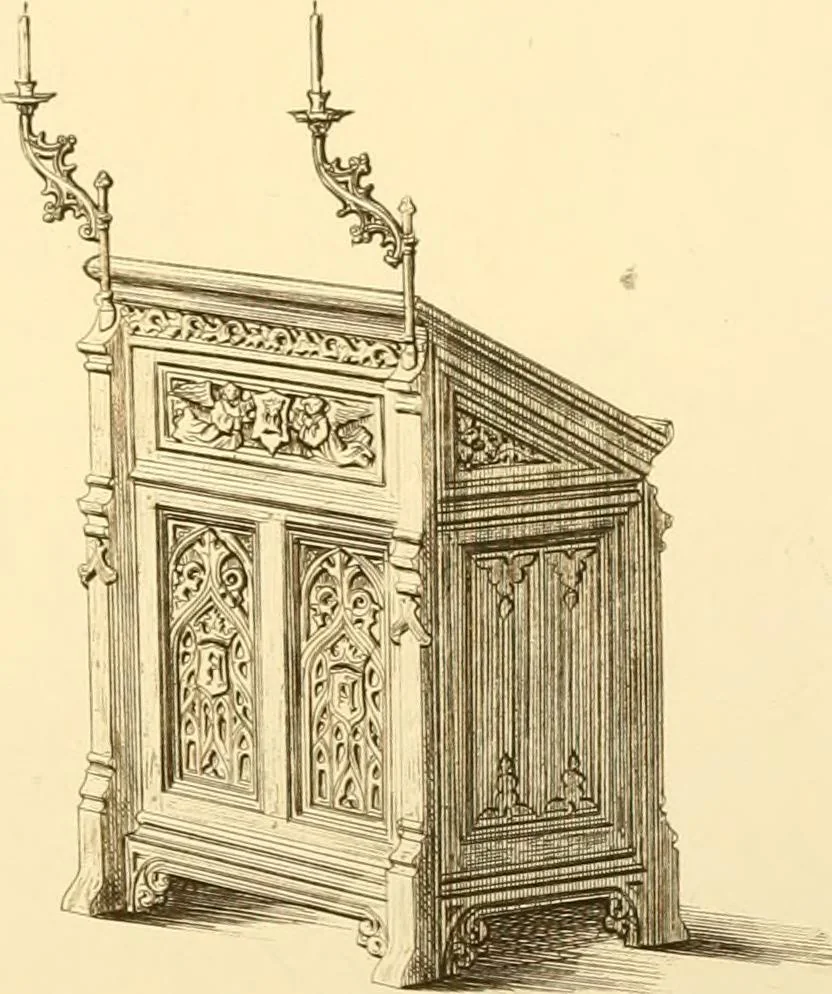 An illustration from Ornaments of the XVth and XVIth centuries. Ancient timber houses at Rouen, Caen, Bauvais, &c., Gothic furniture of the XVth century. Designs for gold & silver ornaments, and designs for iron & brass-work in the style of the XVth & XVIth centuries, 1836, leaf 58