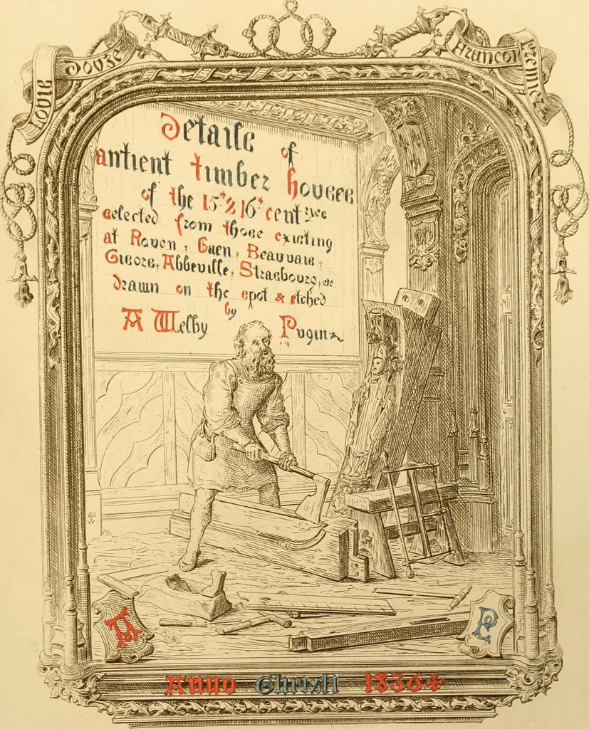 An illustration from Ornaments of the XVth and XVIth centuries. Ancient timber houses at Rouen, Caen, Bauvais, &c., Gothic furniture of the XVth century. Designs for gold & silver ornaments, and designs for iron & brass-work in the style of the XVth & XVIth centuries, 1836, leaf 6