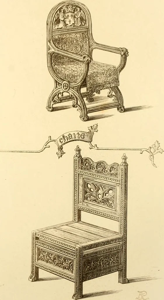 An illustration from Ornaments of the XVth and XVIth centuries. Ancient timber houses at Rouen, Caen, Bauvais, &c., Gothic furniture of the XVth century. Designs for gold & silver ornaments, and designs for iron & brass-work in the style of the XVth & XVIth centuries, 1836, leaf 60