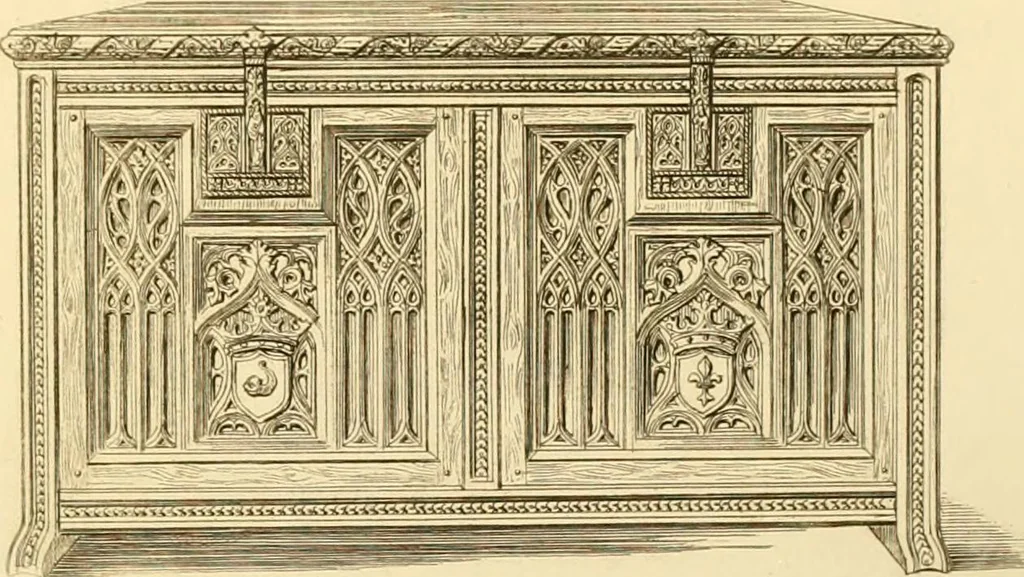 An illustration from Ornaments of the XVth and XVIth centuries. Ancient timber houses at Rouen, Caen, Bauvais, &c., Gothic furniture of the XVth century. Designs for gold & silver ornaments, and designs for iron & brass-work in the style of the XVth & XVIth centuries, 1836, leaf 64