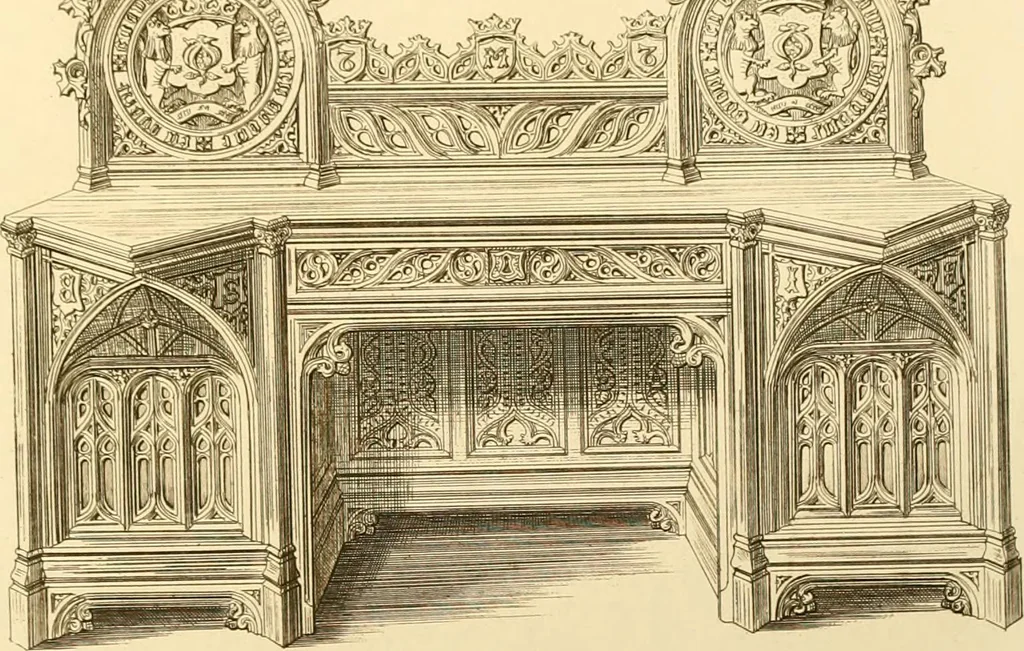 An illustration from Ornaments of the XVth and XVIth centuries. Ancient timber houses at Rouen, Caen, Bauvais, &c., Gothic furniture of the XVth century. Designs for gold & silver ornaments, and designs for iron & brass-work in the style of the XVth & XVIth centuries, 1836, leaf 66