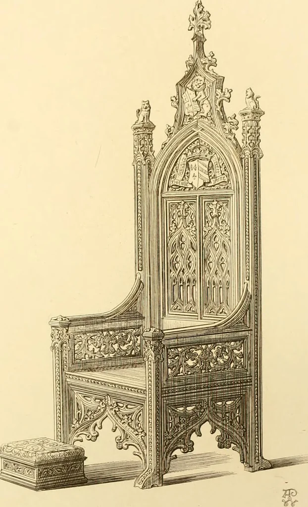 An illustration from Ornaments of the XVth and XVIth centuries. Ancient timber houses at Rouen, Caen, Bauvais, &c., Gothic furniture of the XVth century. Designs for gold & silver ornaments, and designs for iron & brass-work in the style of the XVth & XVIth centuries, 1836, leaf 68