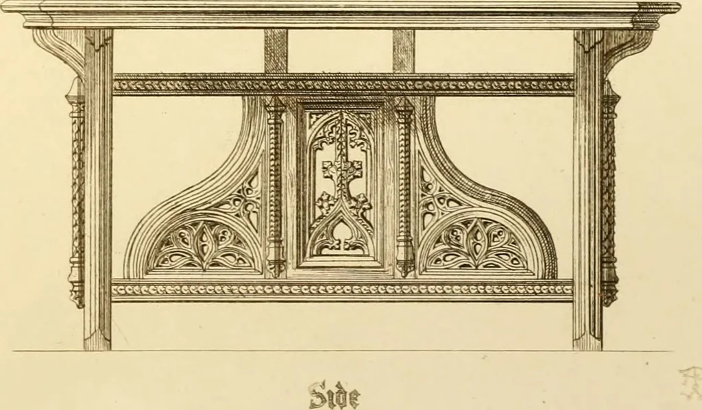 An illustration from Ornaments of the XVth and XVIth centuries. Ancient timber houses at Rouen, Caen, Bauvais, &c., Gothic furniture of the XVth century. Designs for gold & silver ornaments, and designs for iron & brass-work in the style of the XVth & XVIth centuries, 1836, leaf 76