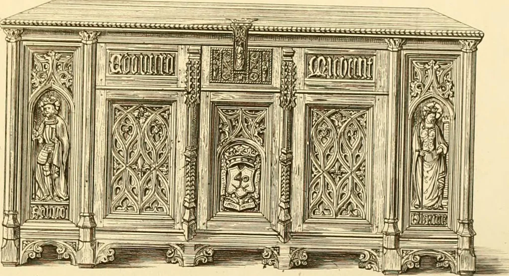 An illustration from Ornaments of the XVth and XVIth centuries. Ancient timber houses at Rouen, Caen, Bauvais, &c., Gothic furniture of the XVth century. Designs for gold & silver ornaments, and designs for iron & brass-work in the style of the XVth & XVIth centuries, 1836, leaf 78