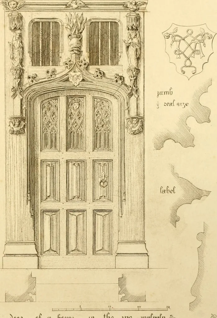 An illustration from Ornaments of the XVth and XVIth centuries. Ancient timber houses at Rouen, Caen, Bauvais, &c., Gothic furniture of the XVth century. Designs for gold & silver ornaments, and designs for iron & brass-work in the style of the XVth & XVIth centuries, 1836, leaf 8