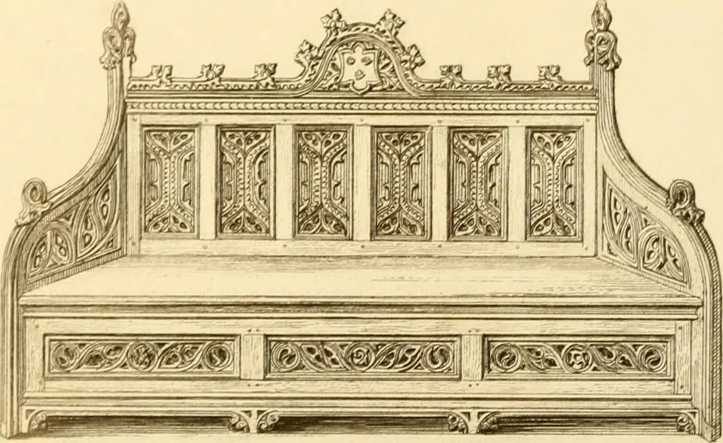 An illustration from Ornaments of the XVth and XVIth centuries. Ancient timber houses at Rouen, Caen, Bauvais, &c., Gothic furniture of the XVth century. Designs for gold & silver ornaments, and designs for iron & brass-work in the style of the XVth & XVIth centuries, 1836, leaf 80