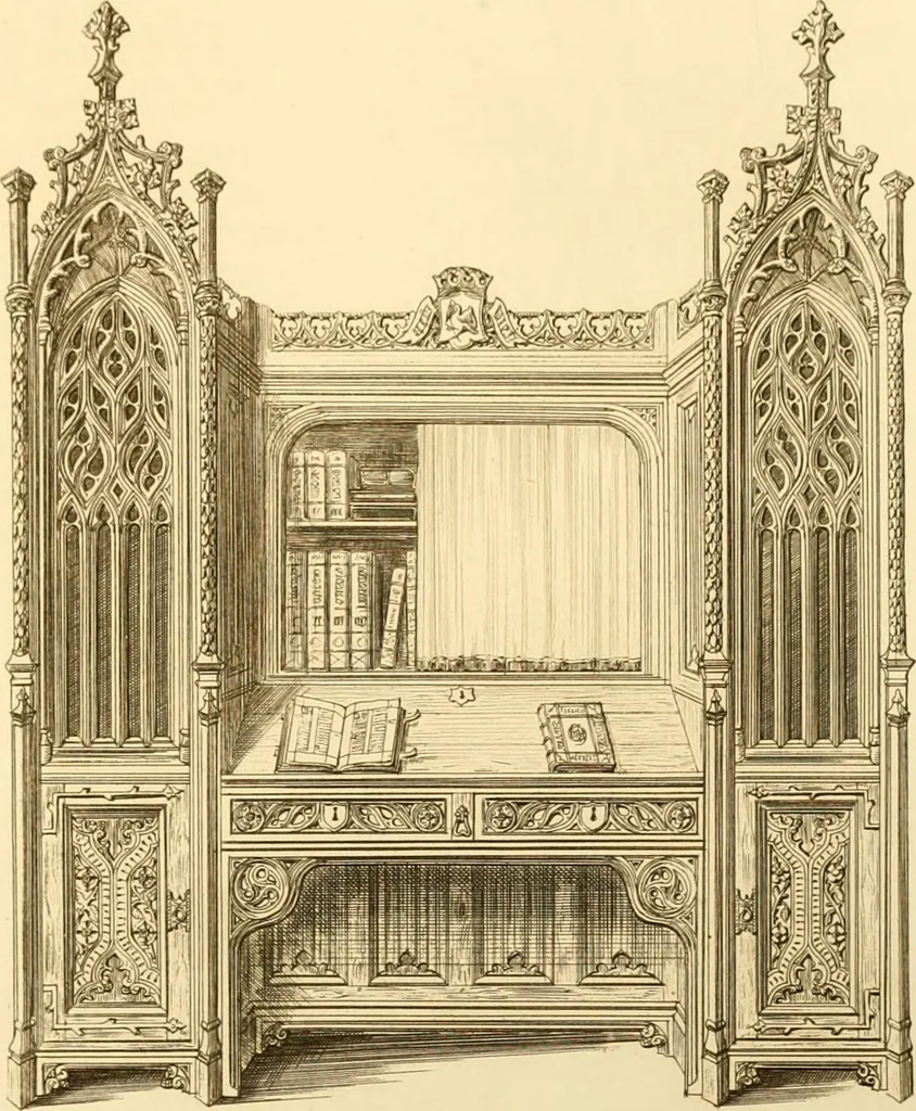 An illustration from Ornaments of the XVth and XVIth centuries. Ancient timber houses at Rouen, Caen, Bauvais, &c., Gothic furniture of the XVth century. Designs for gold & silver ornaments, and designs for iron & brass-work in the style of the XVth & XVIth centuries, 1836, leaf 82