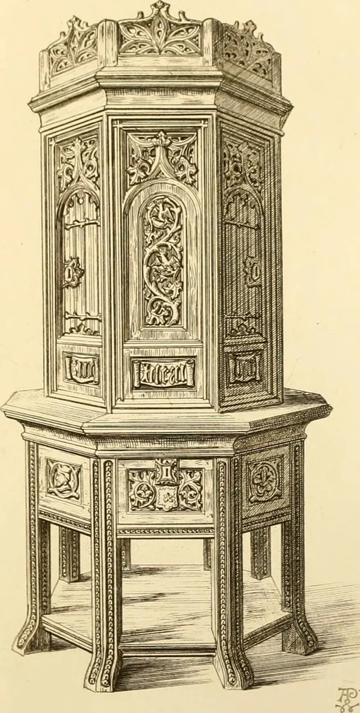 An illustration from Ornaments of the XVth and XVIth centuries. Ancient timber houses at Rouen, Caen, Bauvais, &c., Gothic furniture of the XVth century. Designs for gold & silver ornaments, and designs for iron & brass-work in the style of the XVth & XVIth centuries, 1836, leaf 84