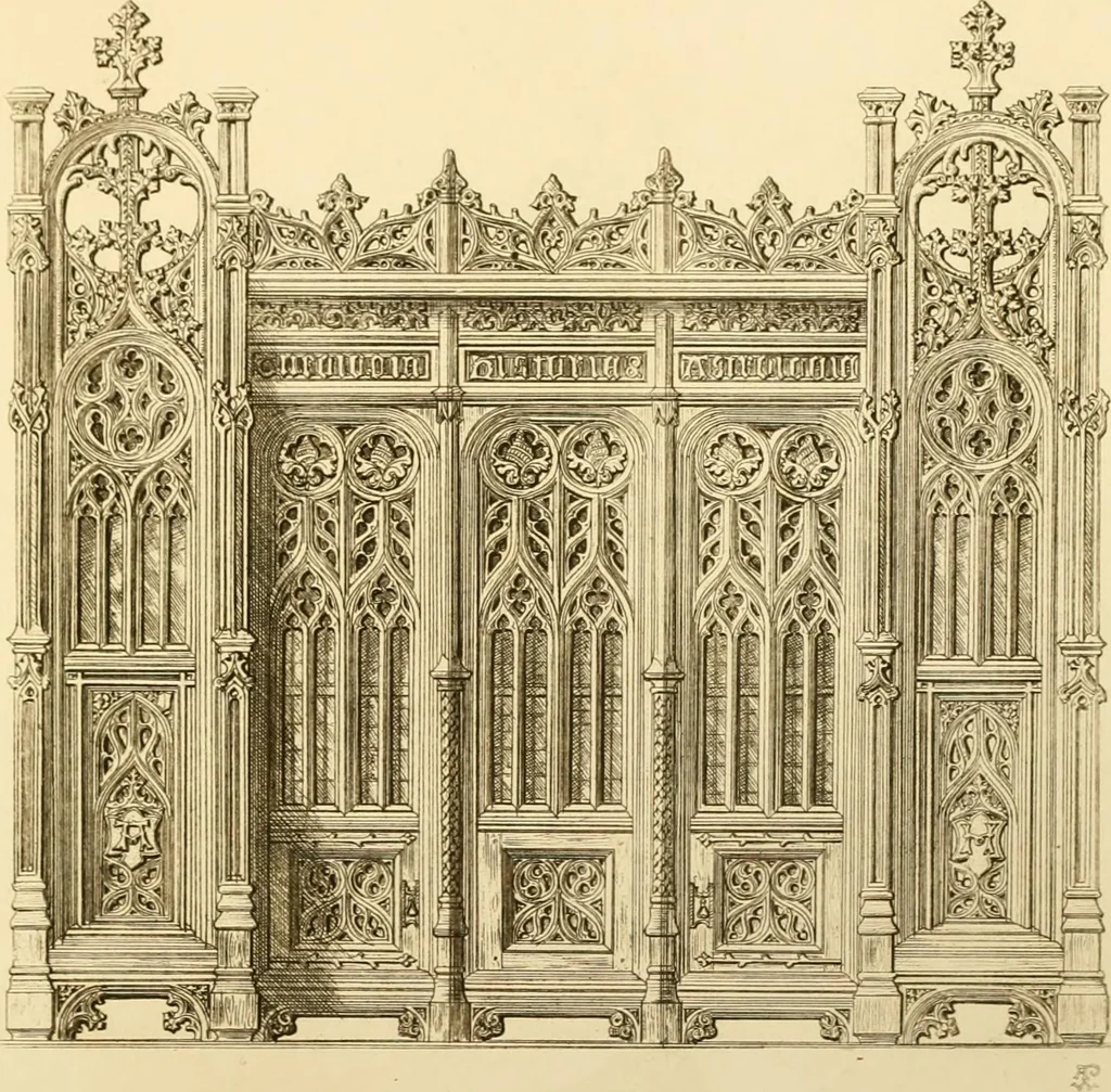 An illustration from Ornaments of the XVth and XVIth centuries. Ancient timber houses at Rouen, Caen, Bauvais, &c., Gothic furniture of the XVth century. Designs for gold & silver ornaments, and designs for iron & brass-work in the style of the XVth & XVIth centuries, 1836, leaf 86