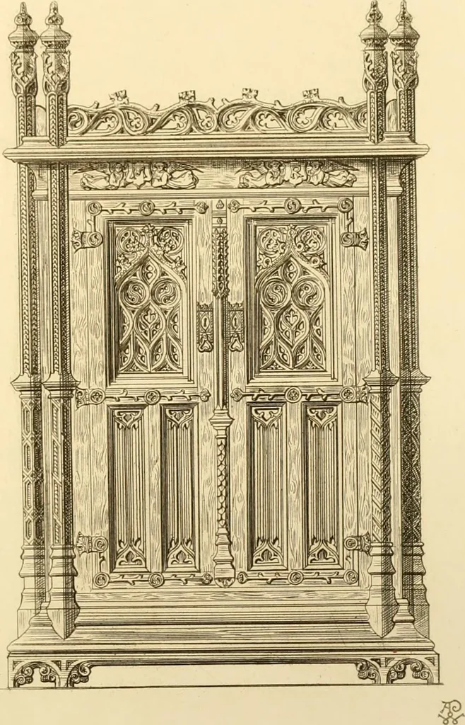 An illustration from Ornaments of the XVth and XVIth centuries. Ancient timber houses at Rouen, Caen, Bauvais, &c., Gothic furniture of the XVth century. Designs for gold & silver ornaments, and designs for iron & brass-work in the style of the XVth & XVIth centuries, 1836, leaf 88