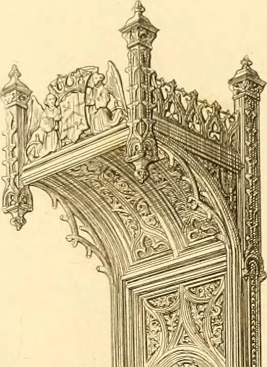 An illustration from Ornaments of the XVth and XVIth centuries. Ancient timber houses at Rouen, Caen, Bauvais, &c., Gothic furniture of the XVth century. Designs for gold & silver ornaments, and designs for iron & brass-work in the style of the XVth & XVIth centuries, 1836, leaf 90