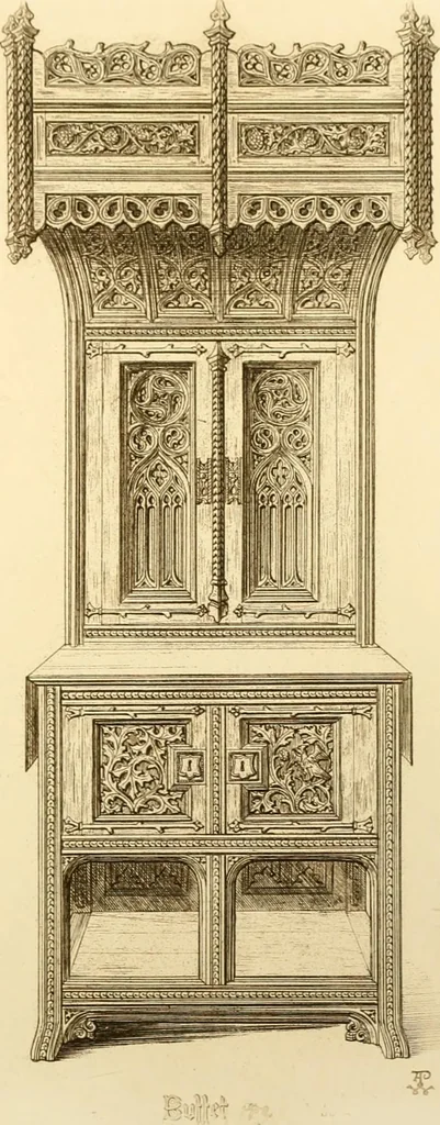 An illustration from Ornaments of the XVth and XVIth centuries. Ancient timber houses at Rouen, Caen, Bauvais, &c., Gothic furniture of the XVth century. Designs for gold & silver ornaments, and designs for iron & brass-work in the style of the XVth & XVIth centuries, 1836, leaf 94