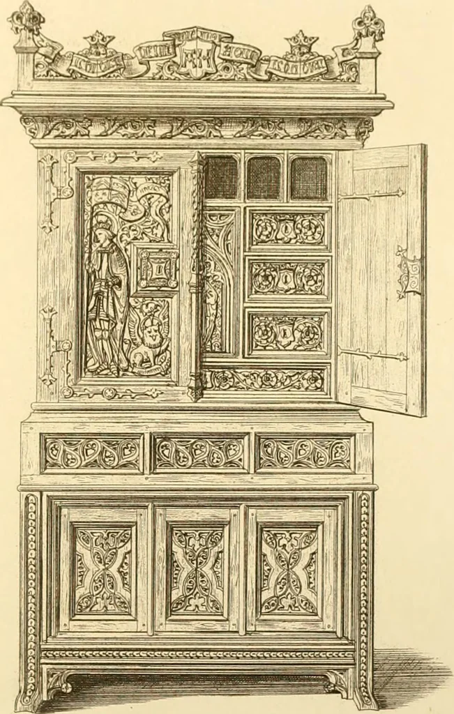 An illustration from Ornaments of the XVth and XVIth centuries. Ancient timber houses at Rouen, Caen, Bauvais, &c., Gothic furniture of the XVth century. Designs for gold & silver ornaments, and designs for iron & brass-work in the style of the XVth & XVIth centuries, 1836, leaf 96