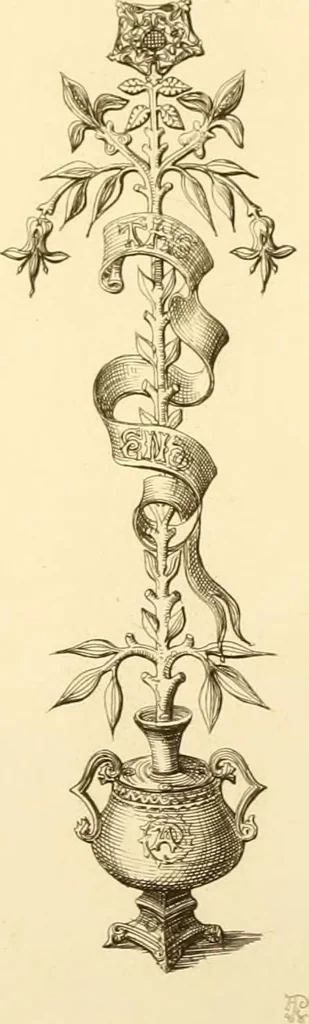 An illustration from Ornaments of the XVth and XVIth centuries. Ancient timber houses at Rouen, Caen, Bauvais, &c., Gothic furniture of the XVth century. Designs for gold & silver ornaments, and designs for iron & brass-work in the style of the XVth & XVIth centuries, 1836, leaf 98