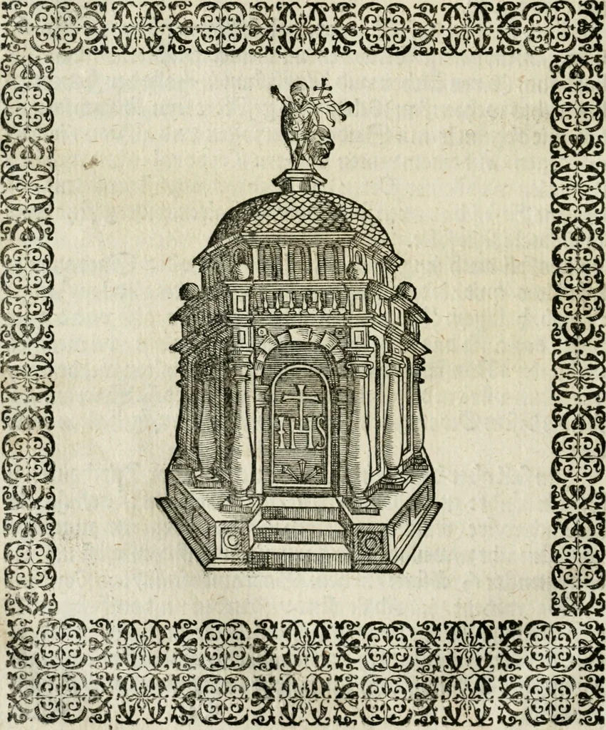 An illustration from Ornatvs ecclesiasticvs, hoc est, Compendivm praecipvarvm rervm, qvibvs qvaevis rite decenterqve compositae ecclesiae exornari, ac redimiri debent : omnibus ecclesiarum praelatis & rectoribus, per totam Ratisbonensem Dioecesin cum primis necessarium, Latinè & Germanicè, adiectis etiam quarundam suppellectilium figuris, 1591, leaf 191