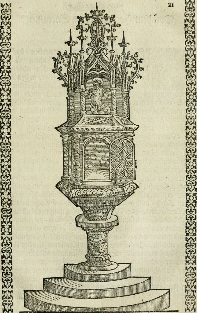 An illustration from Ornatvs ecclesiasticvs, hoc est, Compendivm praecipvarvm rervm, qvibvs qvaevis rite decenterqve compositae ecclesiae exornari, ac redimiri debent : omnibus ecclesiarum praelatis & rectoribus, per totam Ratisbonensem Dioecesin cum primis necessarium, Latinè & Germanicè, adiectis etiam quarundam suppellectilium figuris, 1591, leaf 192