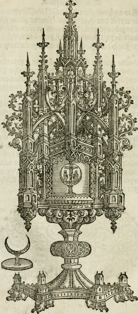 An illustration from Ornatvs ecclesiasticvs, hoc est, Compendivm praecipvarvm rervm, qvibvs qvaevis rite decenterqve compositae ecclesiae exornari, ac redimiri debent : omnibus ecclesiarum praelatis & rectoribus, per totam Ratisbonensem Dioecesin cum primis necessarium, Latinè & Germanicè, adiectis etiam quarundam suppellectilium figuris, 1591, leaf 209