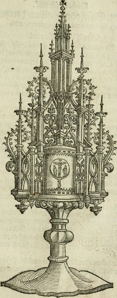 An illustration from Ornatvs ecclesiasticvs, hoc est, Compendivm praecipvarvm rervm, qvibvs qvaevis rite decenterqve compositae ecclesiae exornari, ac redimiri debent : omnibus ecclesiarum praelatis & rectoribus, per totam Ratisbonensem Dioecesin cum primis necessarium, Latinè & Germanicè, adiectis etiam quarundam suppellectilium figuris, 1591, leaf 210