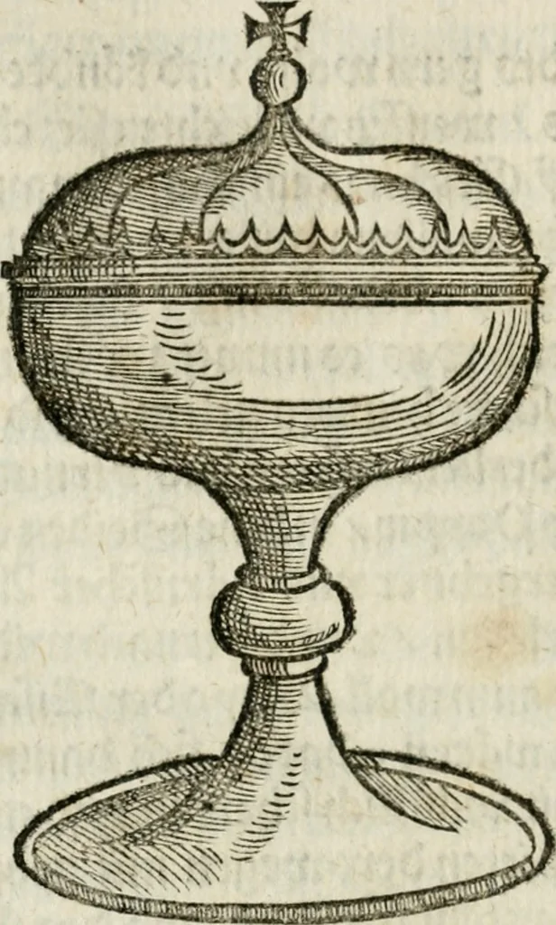 An illustration from Ornatvs ecclesiasticvs, hoc est, Compendivm praecipvarvm rervm, qvibvs qvaevis rite decenterqve compositae ecclesiae exornari, ac redimiri debent : omnibus ecclesiarum praelatis & rectoribus, per totam Ratisbonensem Dioecesin cum primis necessarium, Latinè & Germanicè, adiectis etiam quarundam suppellectilium figuris, 1591, leaf 213