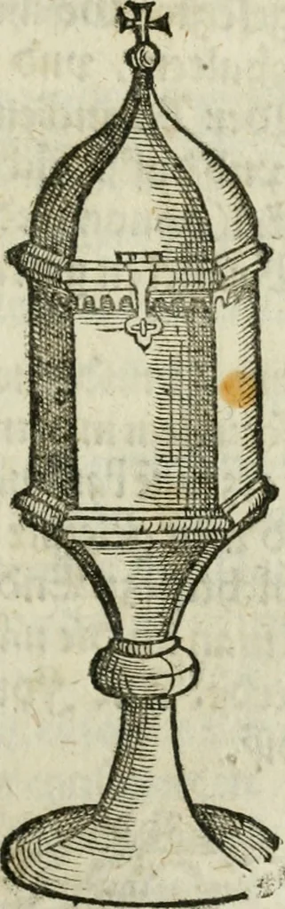 An illustration from Ornatvs ecclesiasticvs, hoc est, Compendivm praecipvarvm rervm, qvibvs qvaevis rite decenterqve compositae ecclesiae exornari, ac redimiri debent : omnibus ecclesiarum praelatis & rectoribus, per totam Ratisbonensem Dioecesin cum primis necessarium, Latinè & Germanicè, adiectis etiam quarundam suppellectilium figuris, 1591, leaf 214