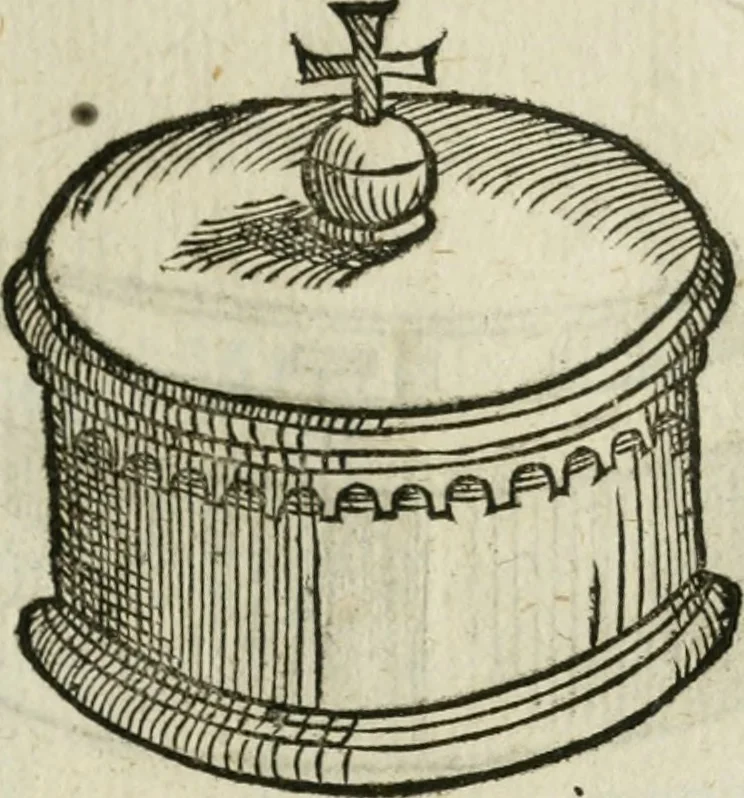 An illustration from Ornatvs ecclesiasticvs, hoc est, Compendivm praecipvarvm rervm, qvibvs qvaevis rite decenterqve compositae ecclesiae exornari, ac redimiri debent : omnibus ecclesiarum praelatis & rectoribus, per totam Ratisbonensem Dioecesin cum primis necessarium, Latinè & Germanicè, adiectis etiam quarundam suppellectilium figuris, 1591, leaf 216