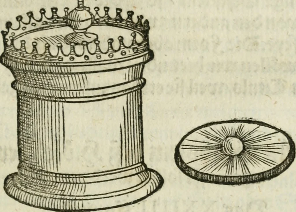 An illustration from Ornatvs ecclesiasticvs, hoc est, Compendivm praecipvarvm rervm, qvibvs qvaevis rite decenterqve compositae ecclesiae exornari, ac redimiri debent : omnibus ecclesiarum praelatis & rectoribus, per totam Ratisbonensem Dioecesin cum primis necessarium, Latinè & Germanicè, adiectis etiam quarundam suppellectilium figuris, 1591, leaf 218